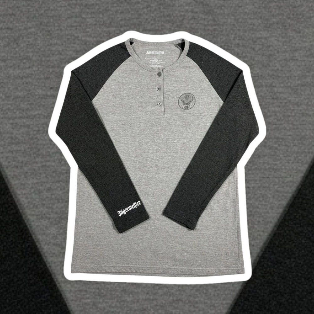 Jagermeister Henley Shirt L XL Gray Black Raglan Long Sleeve Promo Graphic Mens‎